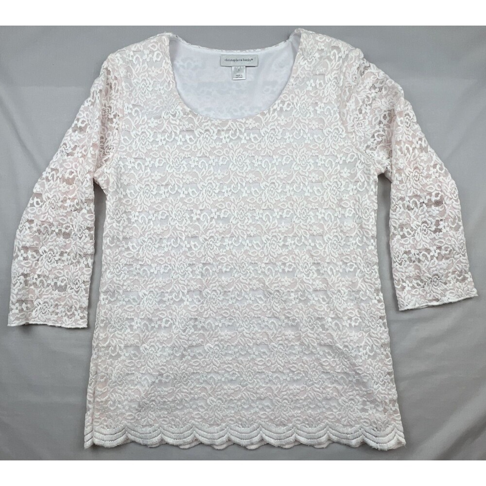 Christopher & Banks Lace with Pink Stripe Scallop Hem Top Small